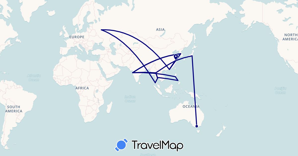 TravelMap itinerary: driving in Australia, China, India, Japan, South Korea, Philippines, Russia, Thailand (Asia, Europe, Oceania)